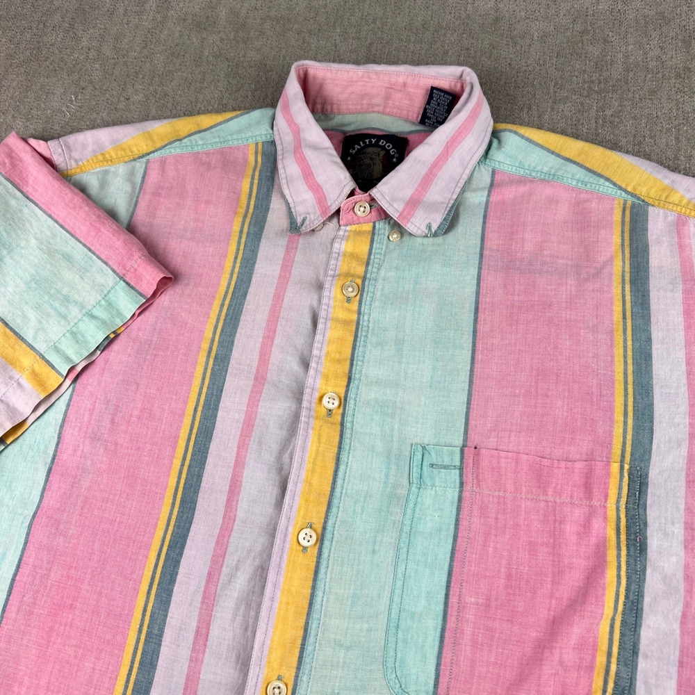 Salty Dog Button Down Shirt Mens Large Pink Teal Striped Pastel Retro 90s Cotton